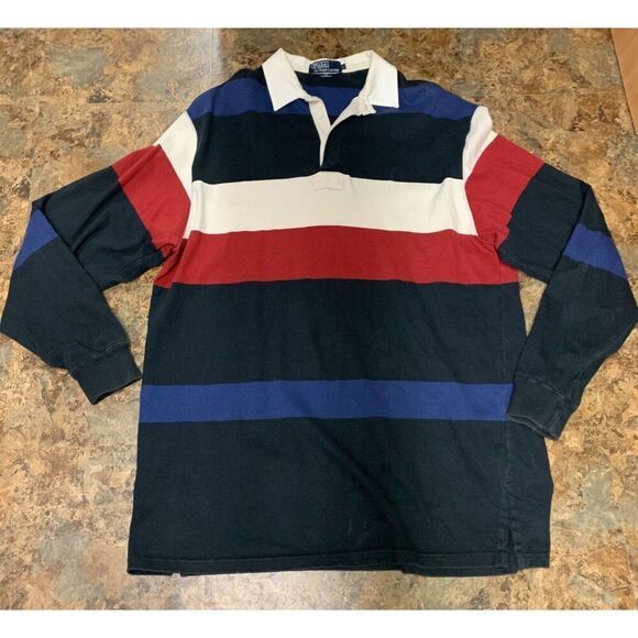 Polo Ralph Lauren Red White Blue Striped VTG Y2K 90’s Rugby COLLAR SHIRT sz L - Picture 1 of 4